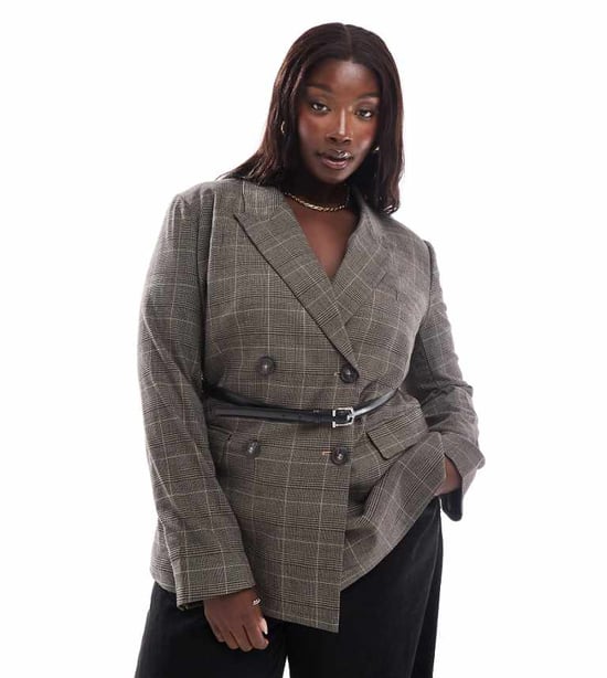 ASOS DESIGN Curve check blazer with faux leather belt - Image 1
