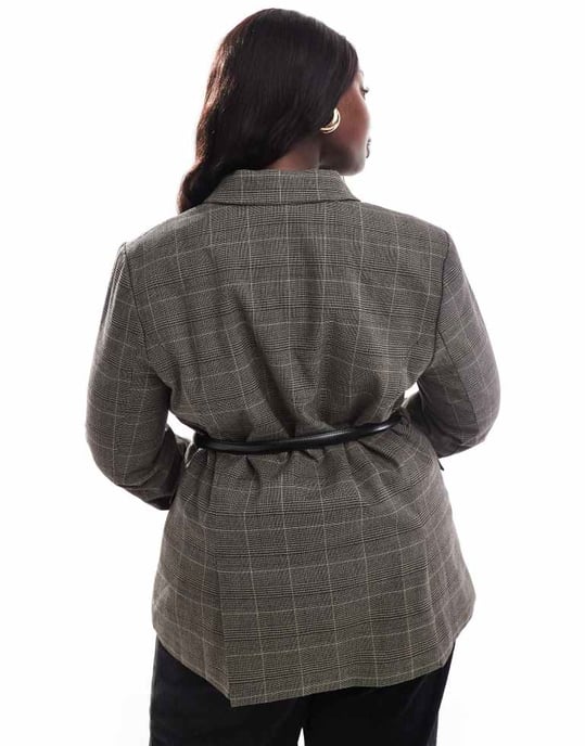ASOS DESIGN Curve check blazer with faux leather belt - Image 2