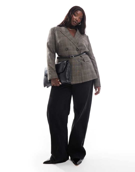 ASOS DESIGN Curve check blazer with faux leather belt - Image 3