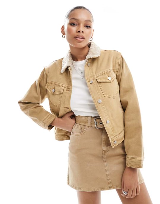 ASOS DESIGN denim borg jacket in wash camel co-ord - Image 1