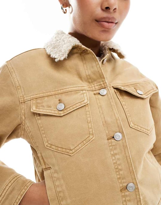 ASOS DESIGN denim borg jacket in wash camel co-ord - Image 3