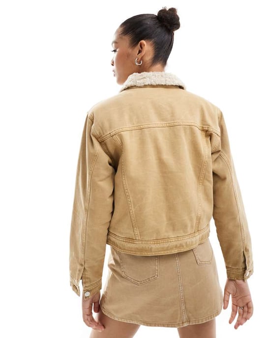 ASOS DESIGN denim borg jacket in wash camel co-ord - Image 4