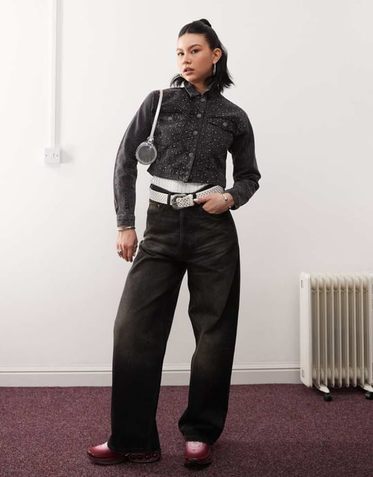 Noisy May cropped denim jacket with rhinestones in black - Image 2