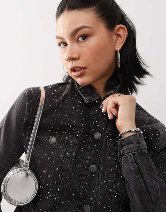 Noisy May cropped denim jacket with rhinestones in black - Image 3