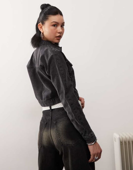 Noisy May cropped denim jacket with rhinestones in black - Image 4