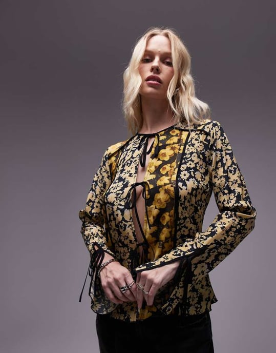 Topshop patchwork scarf print tie front bed jacket in yellow floral print - Image 1