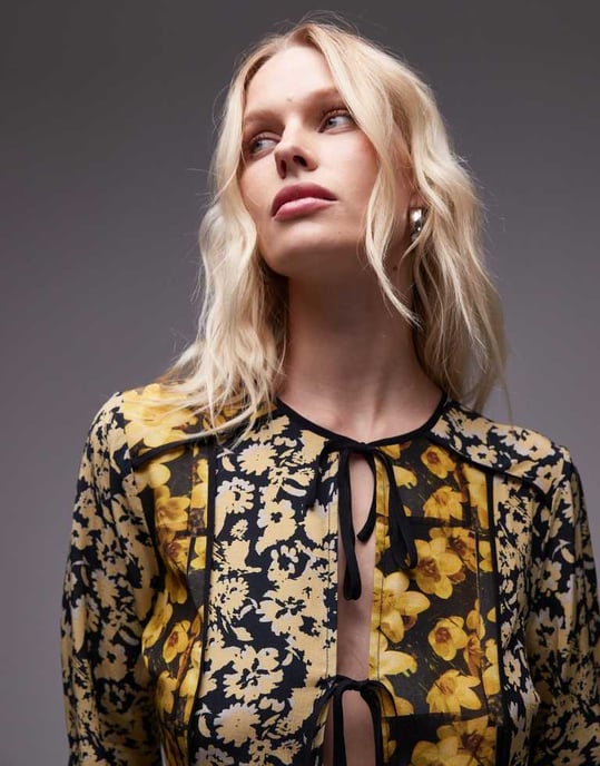 Topshop patchwork scarf print tie front bed jacket in yellow floral print - Image 2
