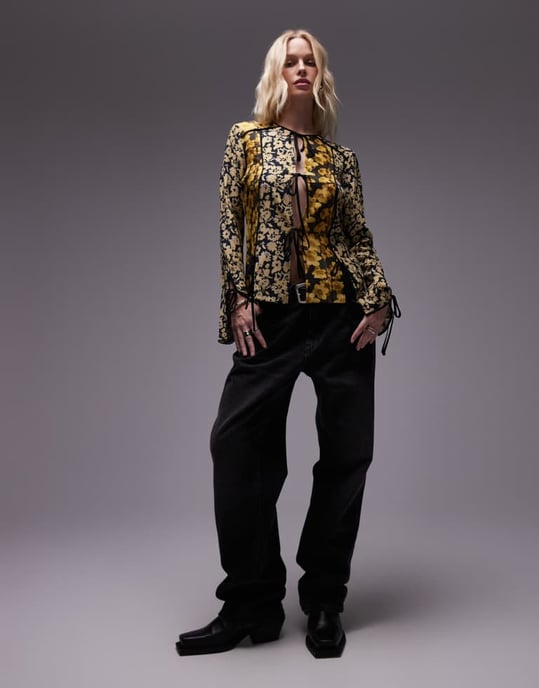 Topshop patchwork scarf print tie front bed jacket in yellow floral print - Image 3
