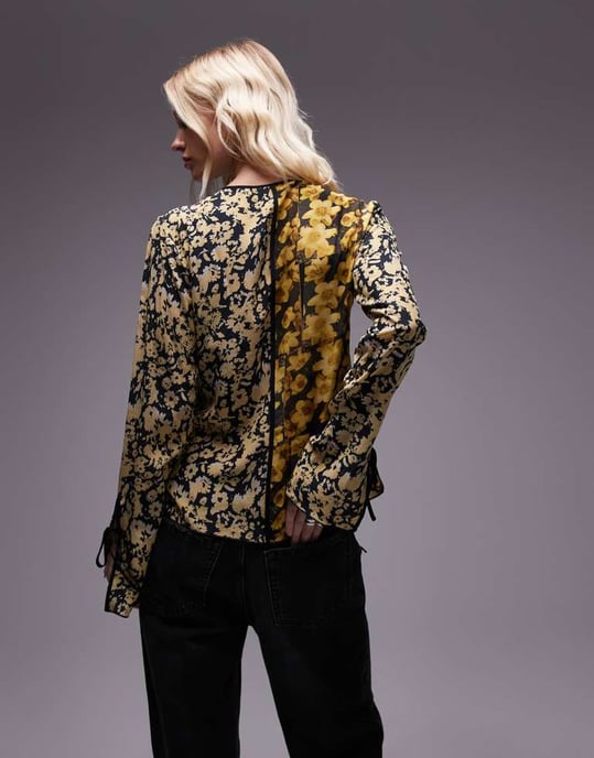 Topshop patchwork scarf print tie front bed jacket in yellow floral print - Image 4
