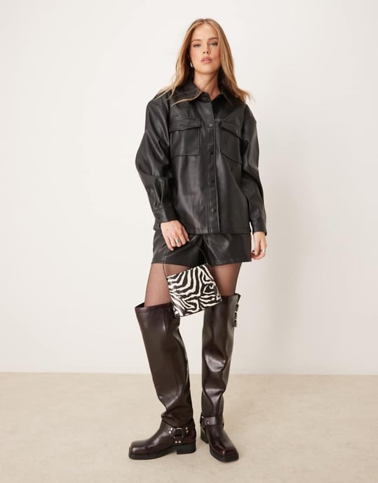 JDY faux leather shirt co-ord in black - Image 2