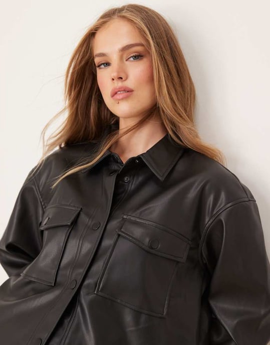 JDY faux leather shirt co-ord in black - Image 3