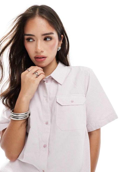 JJXX koord oversized kortärmad skjorta i rosa randig - Image 3
