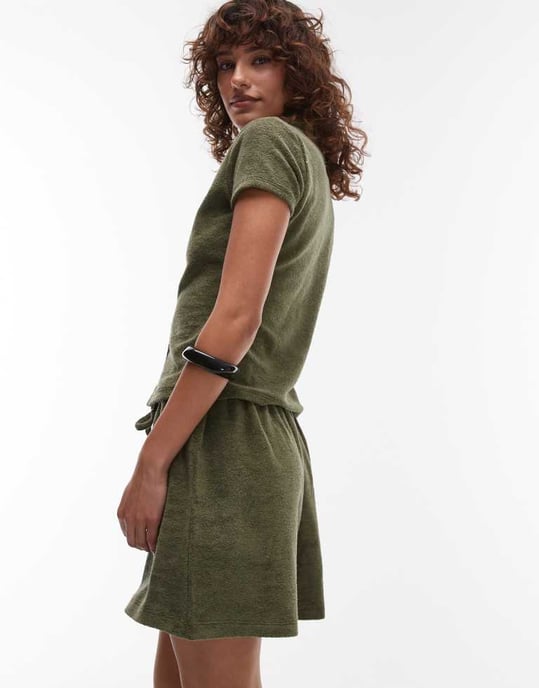 Topshop frottéknappad skjorta i khaki - Image 4