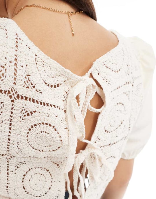 ONLY crochet tie back top in beige - Image 2