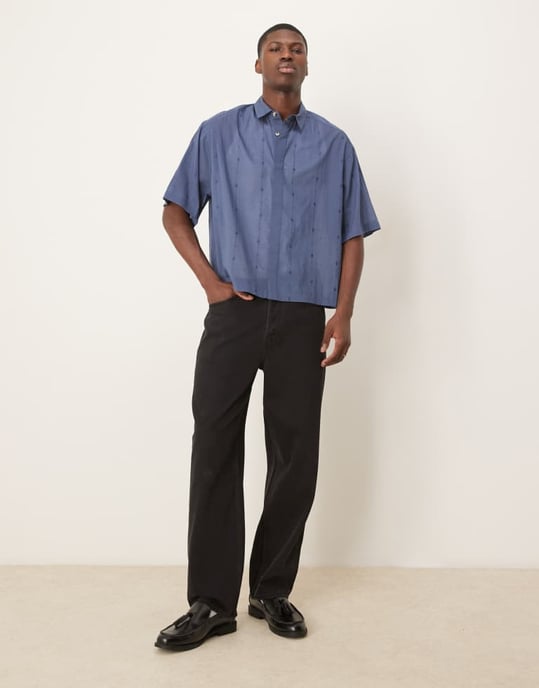 ASOS DESIGN boxy oversized shirt with embroidery in navy - Image 1
