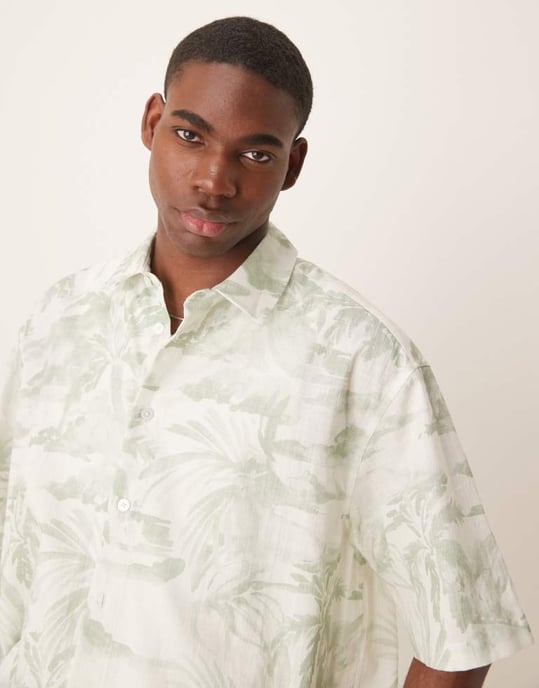 ASOS DESIGN boxy oversized shirt with floral print in green - Image 1