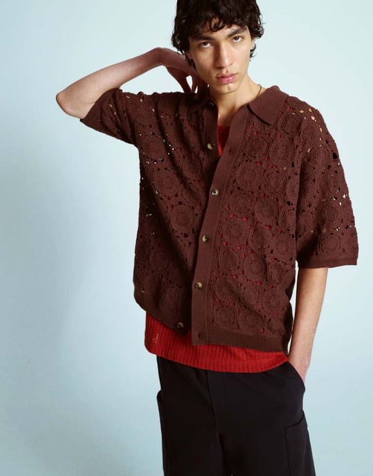 Topman relaxed floral crochet shirt in brown - Image 1