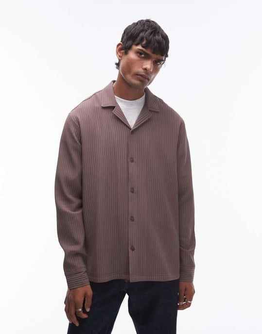 Topman long sleeve chunky plisse in chocolate - Image 1