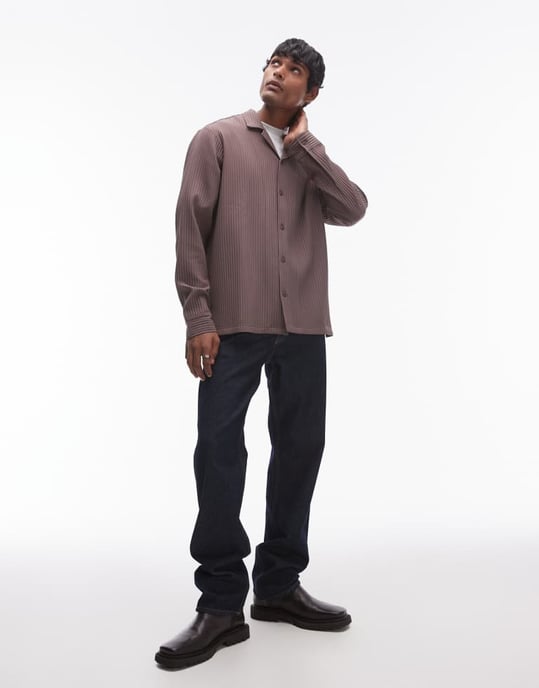 Topman long sleeve chunky plisse in chocolate - Image 2