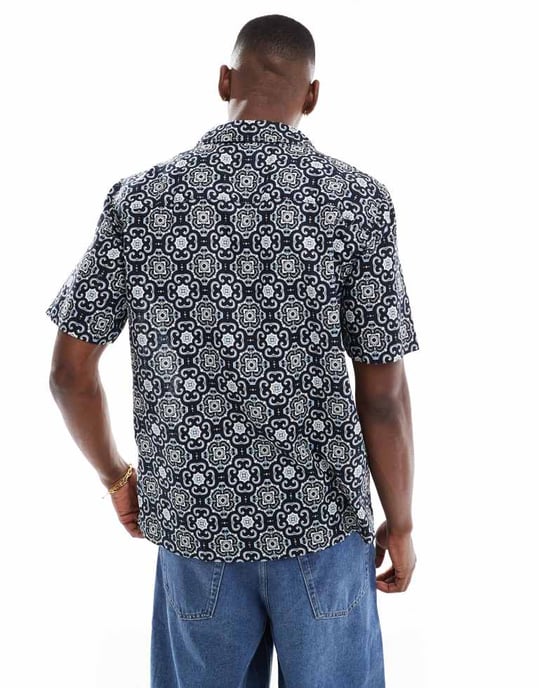 ONLY & SONS revere collar shirt with tile paisley print in navy - Image 2