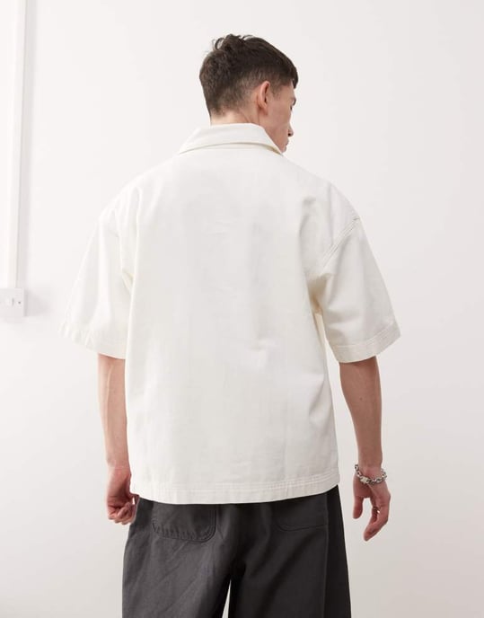 Wrangler Casey Jones arbetskläder kortärmad lös twill overshirt i ecru - Image 3