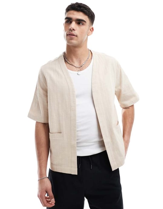ASOS DESIGN texturerad kimono-skjorta i sten - Image 1
