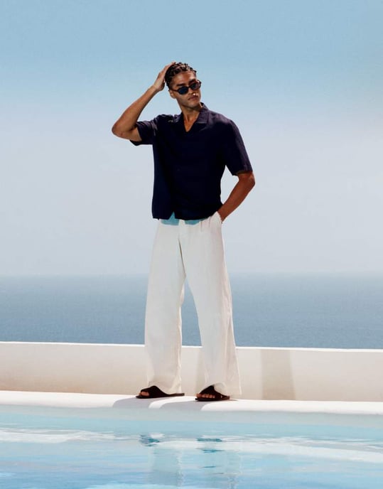 Topman regular fit skjorta med kort ärm i linneblandning i marinblå - Image 2