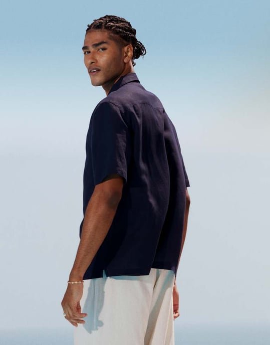Topman regular fit skjorta med kort ärm i linneblandning i marinblå - Image 3