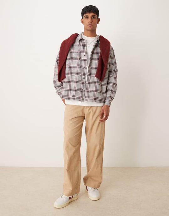 ASOS DESIGN avslappnad boxy skjorta med borstad rutmönster i grått och burgundy - Image 2