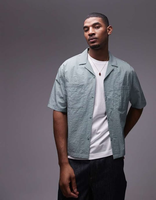 Topman short sleeve cropped boxy fit technical shirt in green - Image 1