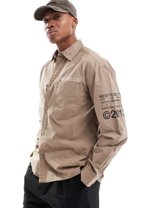 ONLY & SONS relaxed shirt with NYC prints in beige - Image 1