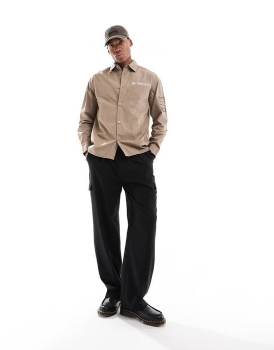 ONLY & SONS relaxed shirt with NYC prints in beige - Image 2