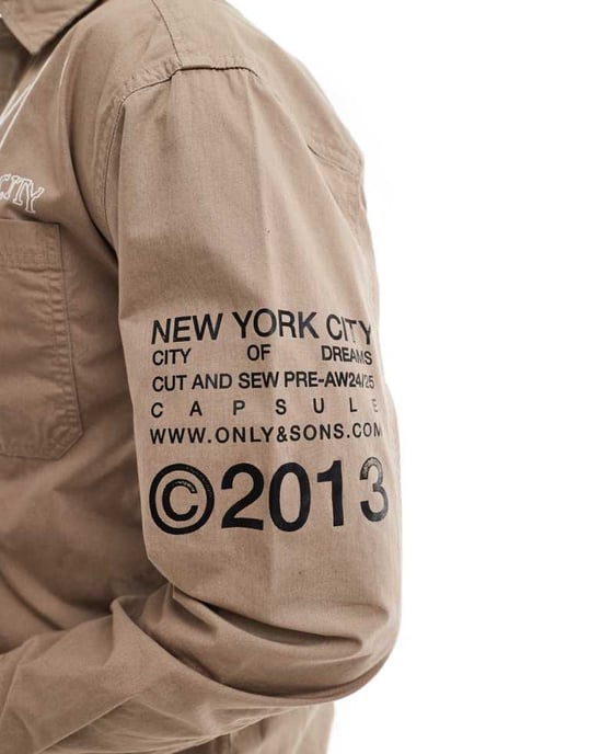 ONLY & SONS relaxed shirt with NYC prints in beige - Image 3