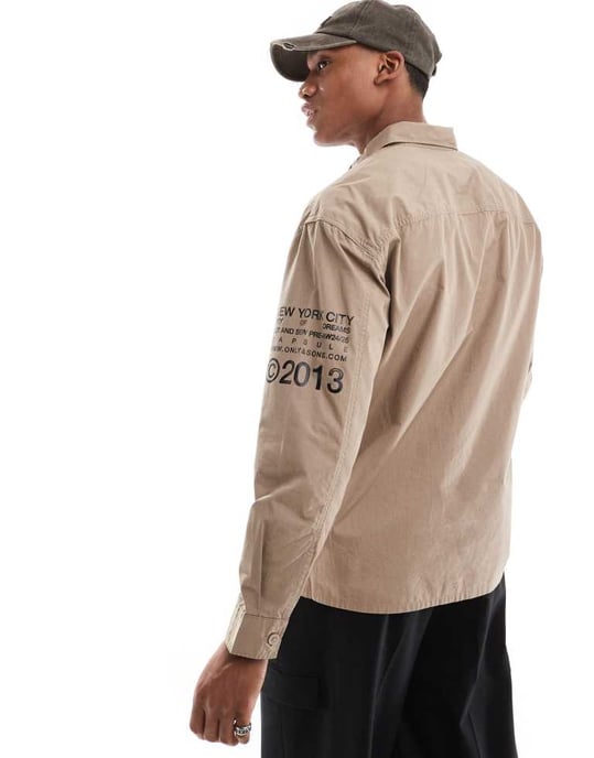 ONLY & SONS relaxed shirt with NYC prints in beige - Image 4
