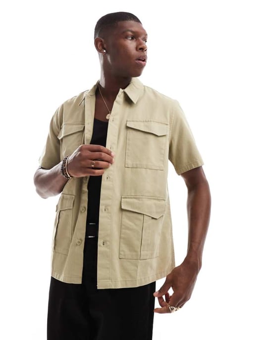 ONLY & SONS 4 pocket utility shirt in light brown - Image 1