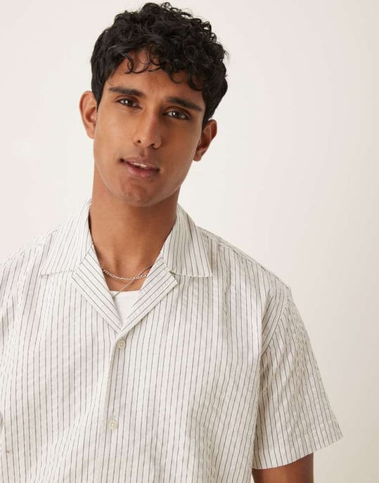 Selected seersucker revere collar shirt in cream stripe - Image 1