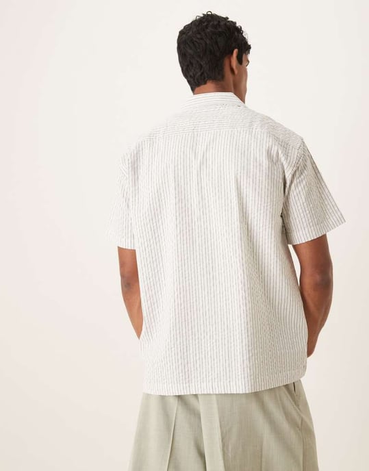 Selected seersucker revere collar shirt in cream stripe - Image 2