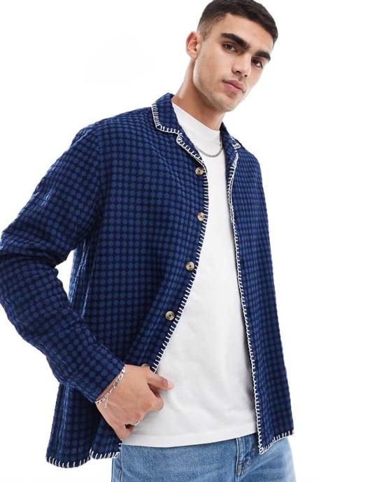 ASOS DESIGN relaxed revere shirt in navy waffle - Image 1