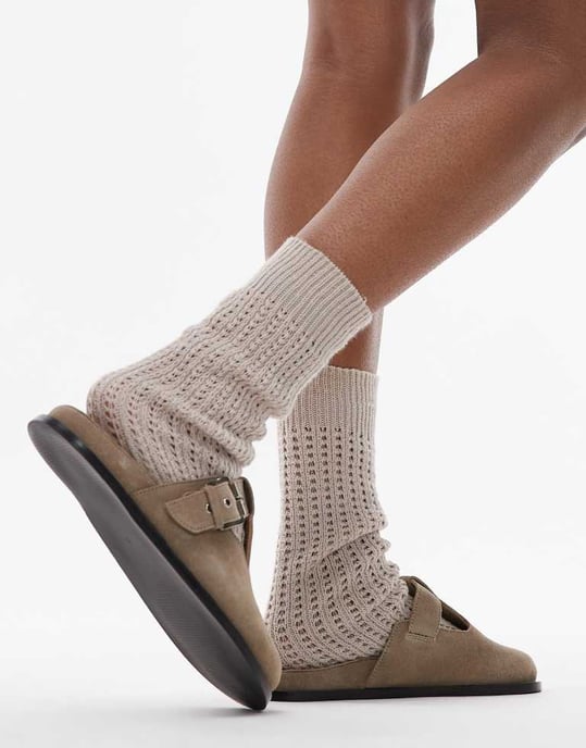 Topshop Annie äkta läder spänne träskor i taupe mocka - Image 2