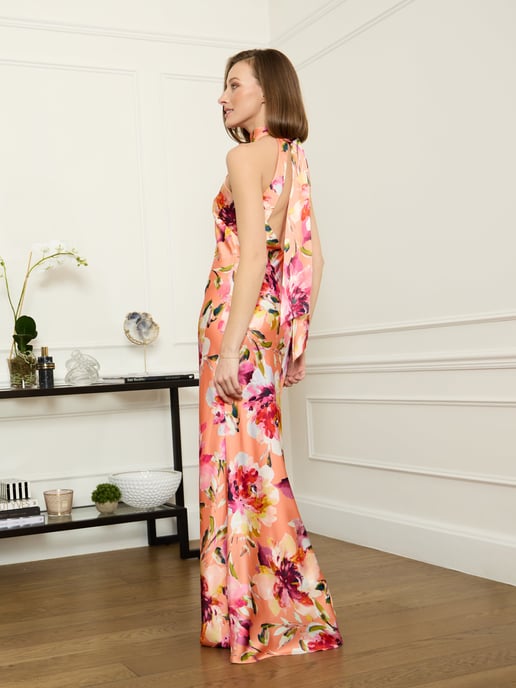 Margo Satin Floral Print Tie Neck Dress - Image 1