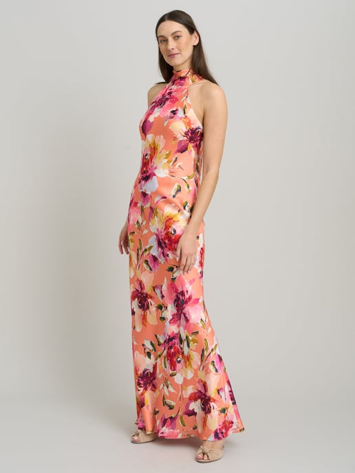 Margo Satin Floral Print Tie Neck Dress - Image 2