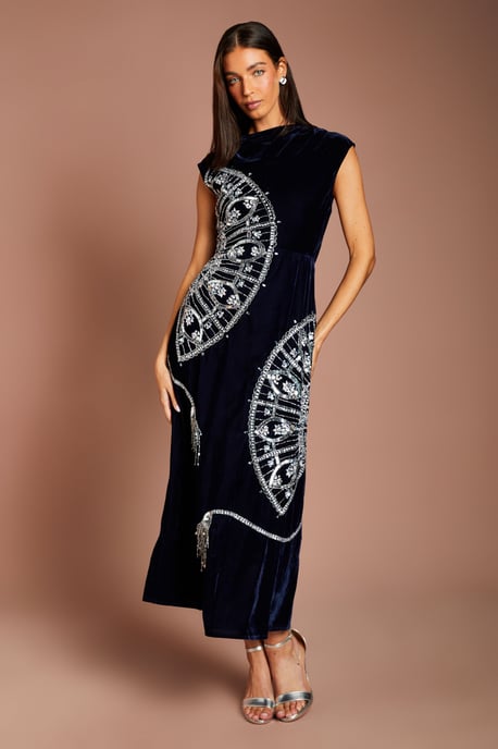 Sleeveless V Back Velvet Embellished Midi Dress - Image 1