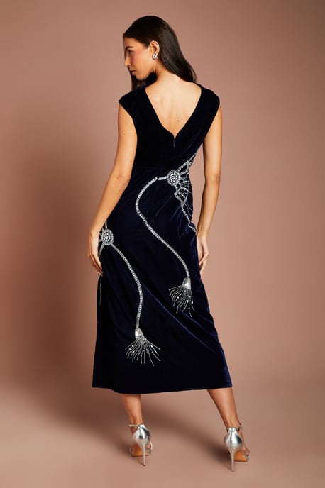 Sleeveless V Back Velvet Embellished Midi Dress - Image 3