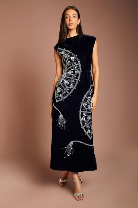 Sleeveless V Back Velvet Embellished Midi Dress - Image 4