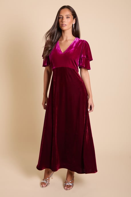 DP Luxe Velvet Double Flutter Colour Block Midi Dress - Image 1