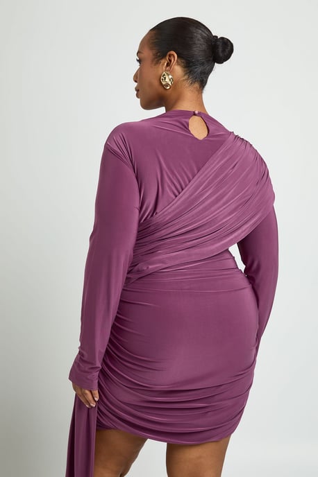 Plus Ruched Long Sleeve Drape Detail Mini Dress - Image 2