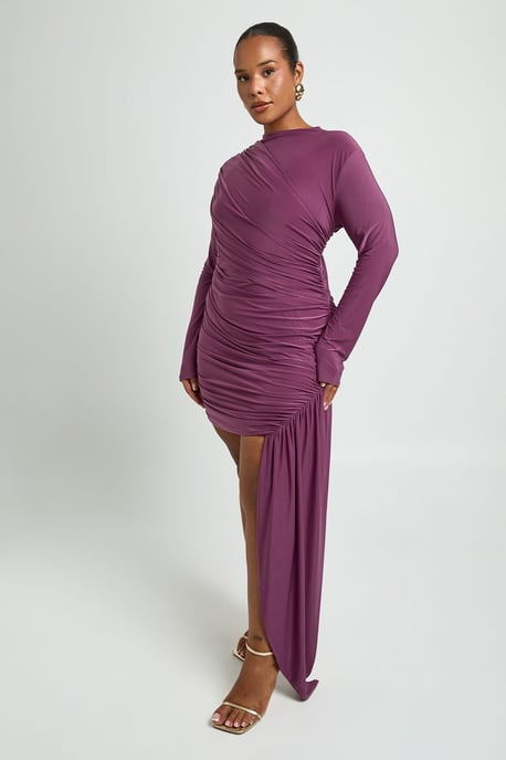 Plus Ruched Long Sleeve Drape Detail Mini Dress - Image 3