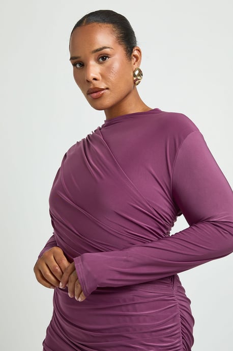 Plus Ruched Long Sleeve Drape Detail Mini Dress - Image 4
