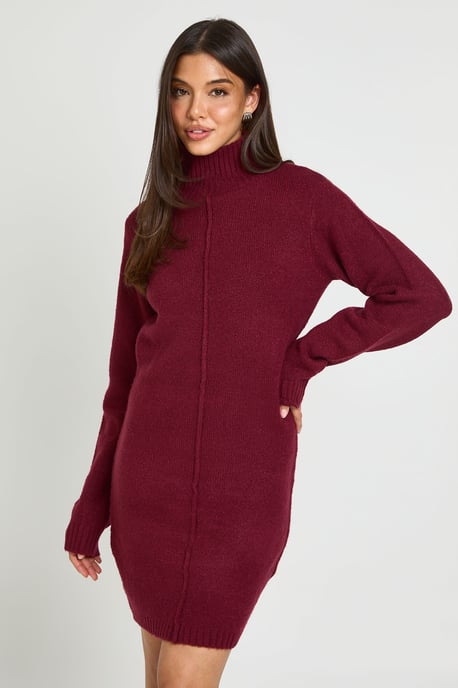 High Neck Seam Detail Knitted Mini Jumper Dress - Image 1