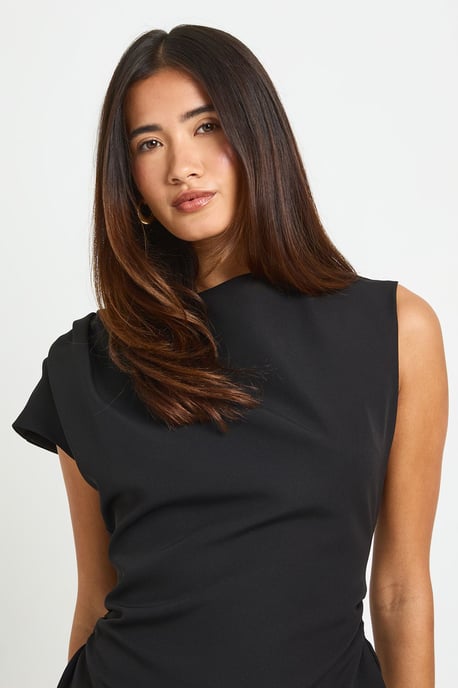 High Asymmetric Neck Ruched Waist Mini Dress - Image 4